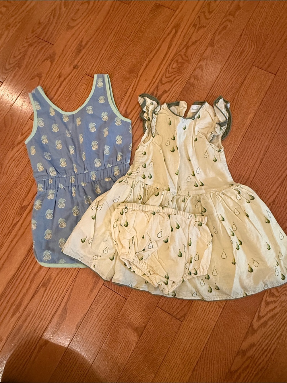 Dear Georgie Kids Pear Cream Dress with Bloomers & Blue Pineapple Romper Set
